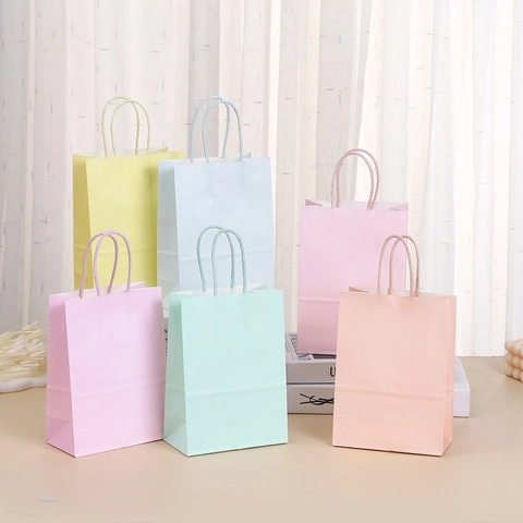 Macaron Color Paper Gift Bags With Handles Minimalist Solid Color Cardboard Packaging Bags For Wedding Party Shopping