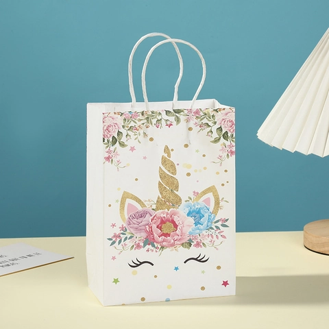 Cartoon Unicorn White Kraft Paper Gift Bag With Gold Foil Printing White Cardstock Handle Bag For Birthday Party Wedding Favor Gift Wrapping Supplies