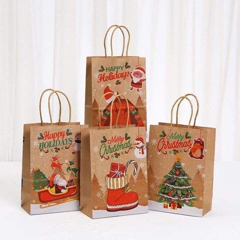 Sacchetti Regalo in Carta Kraft di Natale Con Manici Stampe Natalizie per Babbo Natale Pupazzo di Neve Renna Bomboniere Confezione