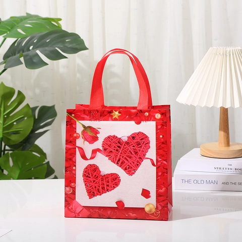 Bolsa de Regalo de Tela no Tejida con Corazón de San Valentín Bolso Rojo Plegable para Boda Aniversario Fiesta Banquete Romántico