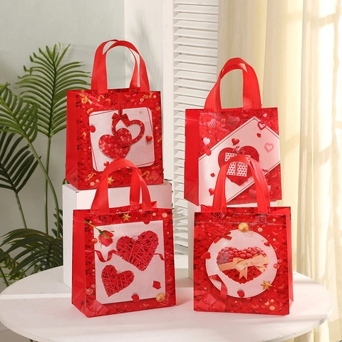 Bolsa de Regalo de Tela no Tejida con Corazón de San Valentín Bolso Rojo Plegable para Boda Aniversario Fiesta Banquete Romántico