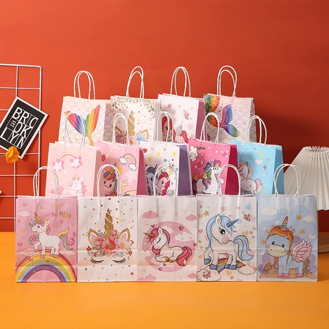 Cartoon Unicorn Mermaid Kraft Paper Gift Bags With Handles Cute Pink Blue Birthday Party Favor Bags For Candy Treats Kids Gift Packaging