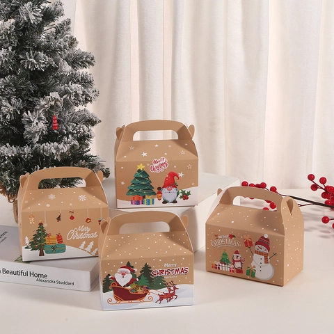 Boîte Cadeau de Noël en Papier Kraft Avec Poignée Merry Christmas Imprimé Flocon de Neige Emballage de Bonbons de Fête Articles de Fête