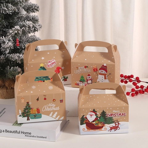 Boîte Cadeau de Noël en Papier Kraft Avec Poignée Merry Christmas Imprimé Flocon de Neige Emballage de Bonbons de Fête Articles de Fête