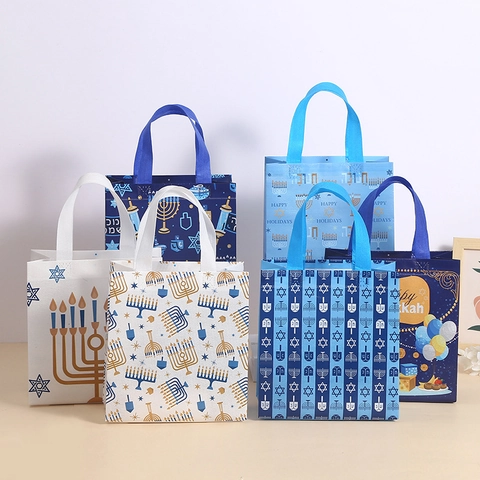 Hanukkah Non-Woven Gift Bag With Menorah Dreidel Star Of David Patterns Happy Hanukkah Party Favor Bag Holiday Shopping Tote