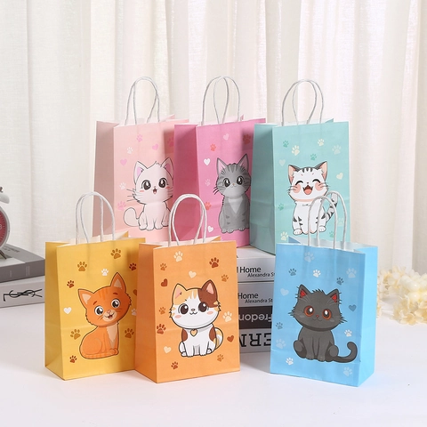Cartoon Cat Dog Pattern Kraft Paper Gift Bag With Handles Cute Animal Print Goodie Bag For Party Shopping Kids Gift Packaging