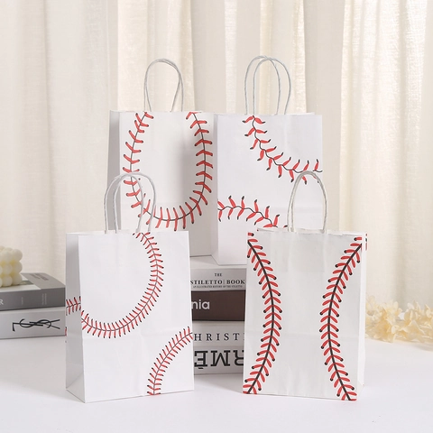 Baseball Print White Kraft Paper Gift Bags With Twisted Rope Handles Sporty Theme Party Favor Bags For Shopping Packaging
