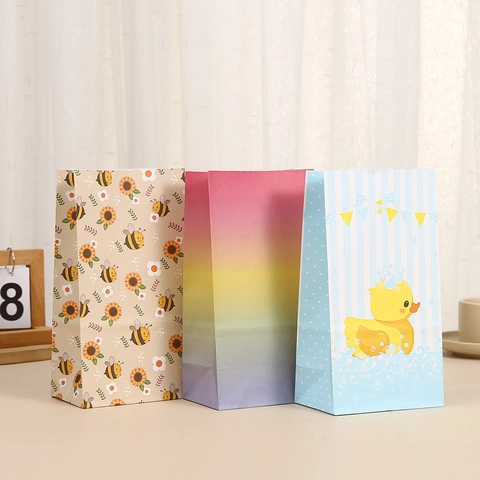 Cartoon Kraft Paper Gift Bags For Party Baking Shopping Sunflower Bee Rainbow Duck Pattern Standing Packaging Bags