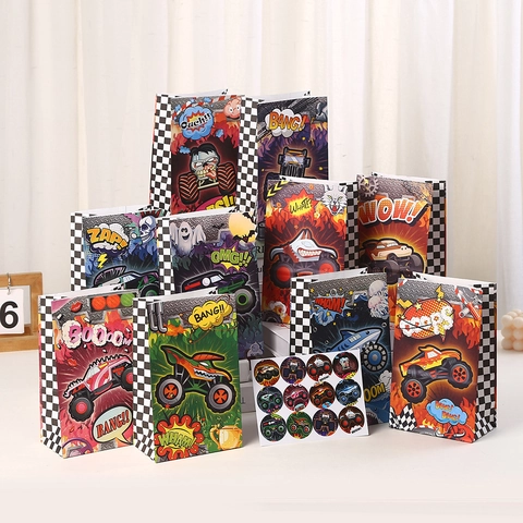 Sacchetti Regalo in Carta Monster Truck Stile Fumetto Americano Stampati Bomboniere Con Motivo a Scacchi per Decorazioni Festa Compleanno Bambini