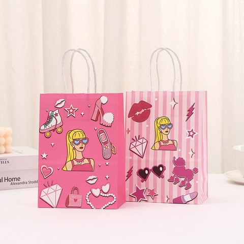 Pink Y2K Fashion Girl Paper Gift Bag With White Handle Cartoon Printed Shopping Bag For Party Wedding Girls Day
