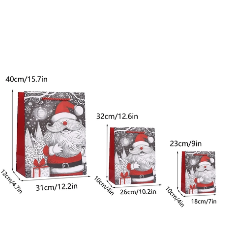 Christmas Santa Claus Print Paper Gift Bags With Handles Retro Festive Illustration Handheld Packaging Bags For Party Gifts