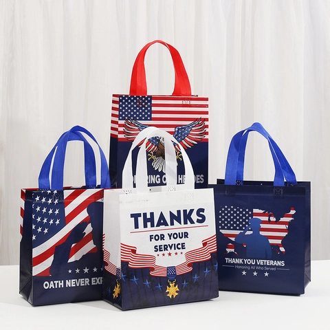 Veterans Day Patriotic Gift Bags Non-Woven Laminated Tote Bag US Flag Soldier Eagle Print Memorial Day Party Favor Bag