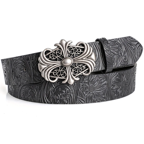 Cintura Con Fibbia a Croce Gotica Vintage in Pelle Sintetica con Rilievo Floreale per Jeans Uomo Donna Punk Rock Gioielli