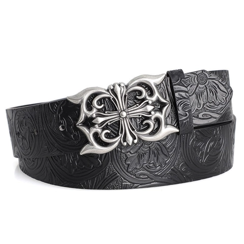 Cintura Con Fibbia a Croce Gotica Vintage in Pelle Sintetica con Rilievo Floreale per Jeans Uomo Donna Punk Rock Gioielli