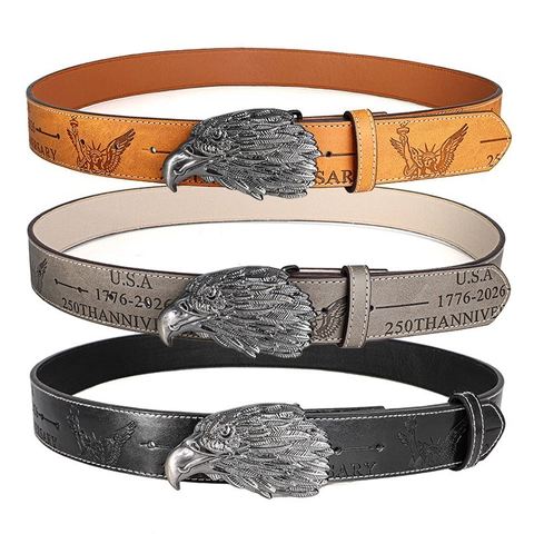 Cintura da Uomo in Pelle PU Retro Americano con Fibbia Testa di Aquila 250 Anniversario 1776-2026 Commemorativa Goffrata