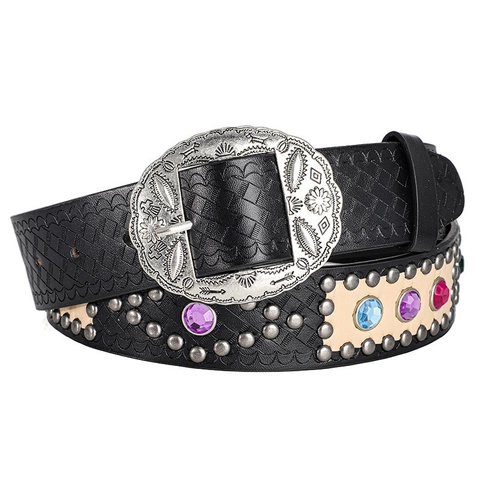 Women's Vintage Western Cowboy PU Leather Belt With Large Engraved Alloy Buckle Colorful Rhinestone Rivet Decorative Waistband