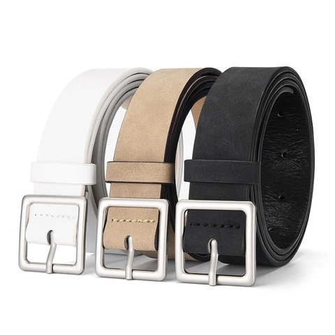 Ceinture Minimaliste en Cuir PU pour Femmes Hommes Texture Daim Rétro Boucle Carrée en Alliage Taille Mode pour Jeans Robe