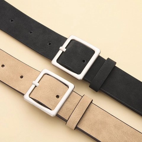 Ceinture Minimaliste en Cuir PU pour Femmes Hommes Texture Daim Rétro Boucle Carrée en Alliage Taille Mode pour Jeans Robe