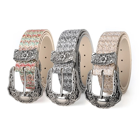 Cintura in Pelle Artificiale da Donna Vintage Occidentale Fibbia in Lega Intagliata Floreale Strass Stile Bohémien Accessorio