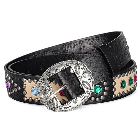 Women's Vintage Western Cowboy PU Leather Belt With Large Engraved Alloy Buckle Colorful Rhinestone Rivet Decorative Waistband