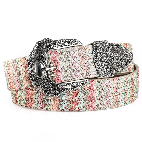 Cintura in Pelle Artificiale da Donna Vintage Occidentale Fibbia in Lega Intagliata Floreale Strass Stile Bohémien Accessorio