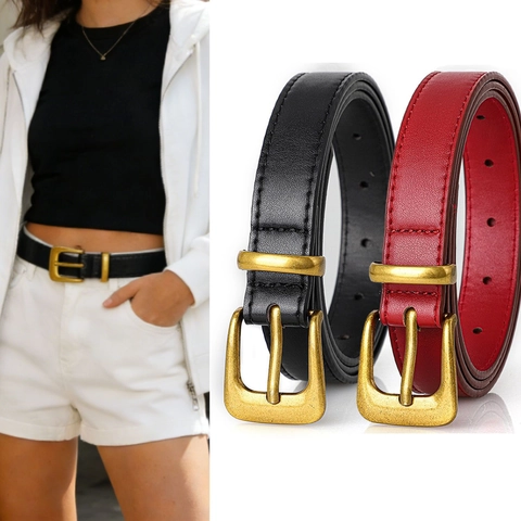 Cinturón de Cuero PU Vintage para Mujer Con Hebilla de Aleación Dorada Minimalista Color Sólido Cinturón Fino de Moda para Vestidos Vaqueros