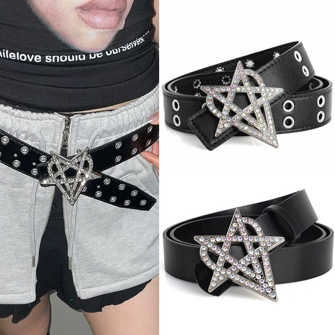 Cintura Strass Stella Punk Y2K per Donna Uomo Gothic Streetwear Individualità Occhiello Cintura in Pelle PU Accessori Moda