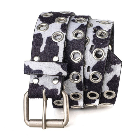 Retro Cow Print Punk Belt With Metal Eyelets PU Leather Grommet Waistband For Men Women Rock Hip Hop Fashion Accessory