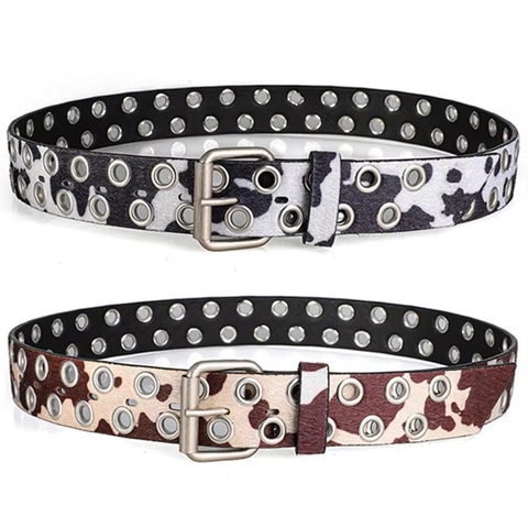 Retro Cow Print Punk Belt With Metal Eyelets PU Leather Grommet Waistband For Men Women Rock Hip Hop Fashion Accessory