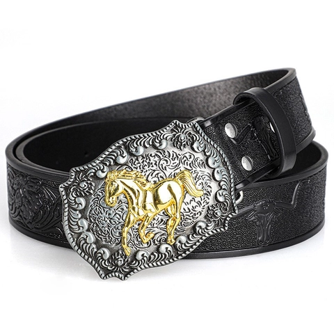 Men Retro Western Cowboy Horse Relief Alloy Buckle PU Leather Belt Embossed Floral Pattern Casual Waistband Black Fashion Belt