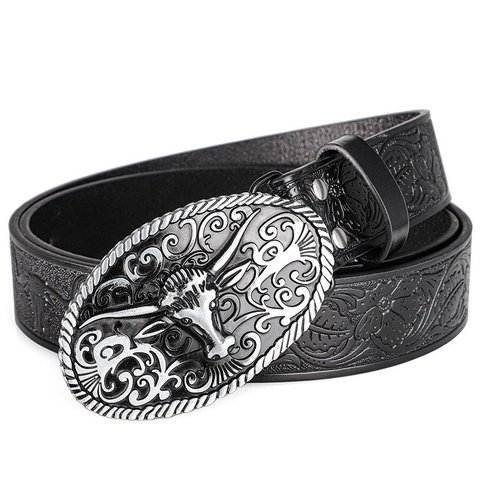 Western Cowboy Men Belt Vintage Embossed PU Leather Waistband Large Silver Bull Head Alloy Buckle Casual Accessories