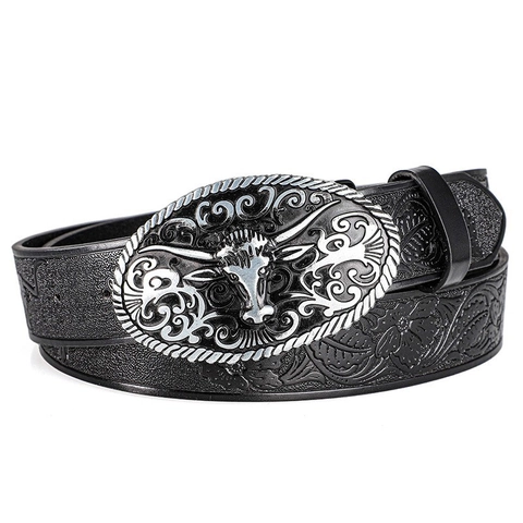 Western Cowboy Men Belt Vintage Embossed PU Leather Waistband Large Silver Bull Head Alloy Buckle Casual Accessories