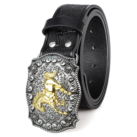 Men Retro Western Cowboy Horse Relief Alloy Buckle PU Leather Belt Embossed Floral Pattern Casual Waistband Black Fashion Belt