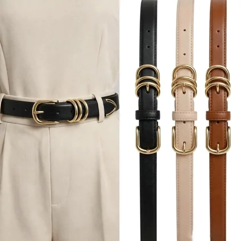 Cintura Sottile da Donna in Pelle PU Con Fibbia ad Ardiglione in Lega a Tre Anelli Oro Decorativa Versatile per Abiti