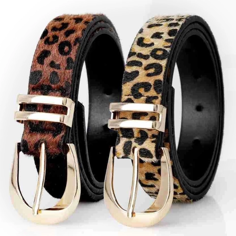 Cintura Donna con Stampa Leopardata Moda in Pelle PU con Fibbia ad Ardiglione in Lega d'Oro per Jeans Casual Retro