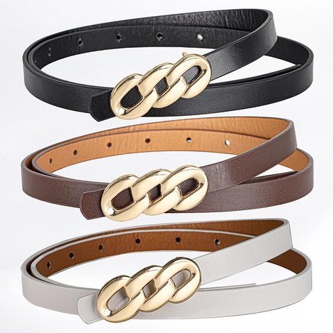 Women's Vintage Thin Belt PU Leather Alloy Interlocking Chain Buckle Adjustable Waist Strap For Dresses Jeans Office Lady