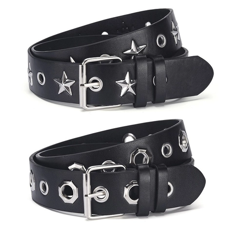 Cintura in Pelle PU Punk Con Borchie a Stella e Ottagono Occhielli per Donna Uomo Y2K Gothic Casual Jeans Fibbia Argento