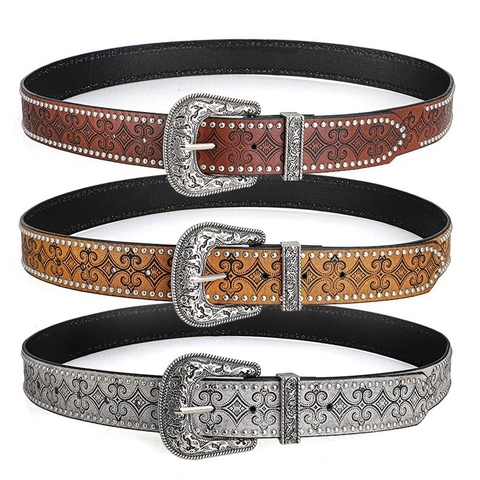 Vintage Western Cowboy Gürtel Für Damen Herren PU Leder Geprägt Floral Große Gravierte Legierung Schnalle Nieten Punk Rock