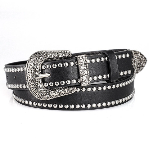 Cintura in Pelle PU Stile Punk Rock Western Con Fibbia ad Ardiglione in Lega Incisa Borchie Argento Nera Per Uomo Donna