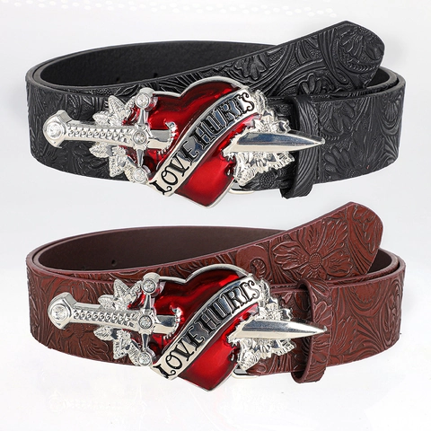 Cintura in Pelle PU Punk Y2K Cintura Goffrata Floreale Retrò Fibbia a Cuore Gothic Dark Cintura con Strass per Uomo Donna