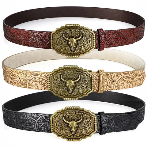 Vintage Western Cowboy Belt With Bull Head Alloy Buckle Embossed Floral Pattern PU Leather Waistband For Men Casual Accessory