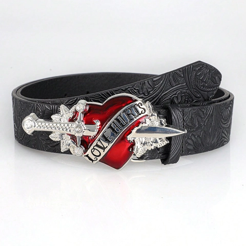 Cintura in Pelle PU Punk Y2K Cintura Goffrata Floreale Retrò Fibbia a Cuore Gothic Dark Cintura con Strass per Uomo Donna