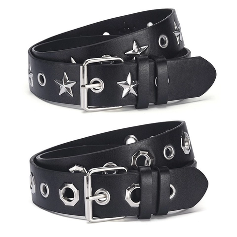 Cintura in Pelle PU Punk Con Borchie a Stella e Ottagono Occhielli per Donna Uomo Y2K Gothic Casual Jeans Fibbia Argento