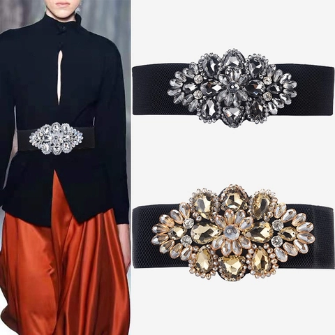 Damen Elegant Strass Dekorativ Elastisch Korsettgürtel Breit Stretch Tailleband Polyester Legierung Kristall Gürtel Für Kleid