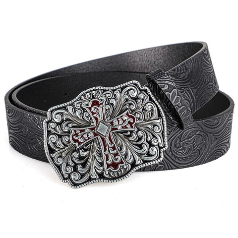 Cintura in Pelle PU Unisex Retro Americana Western Cowboy Fibbia a Croce Intagliata Punk Hip Hop Floreale Goffrata Per Jeans