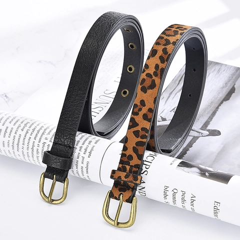 Cinturón Delgado de Cuero Sintético para Mujer Estampado de Leopardo Negro con Hebilla de Pasador de Aleación para Vestidos