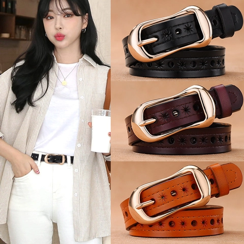 Women's Genuine Leather Belt Korean Fashion Star Hollow Out Waistband Minimalist Alloy Pin Buckle Pants Belt For Women Student