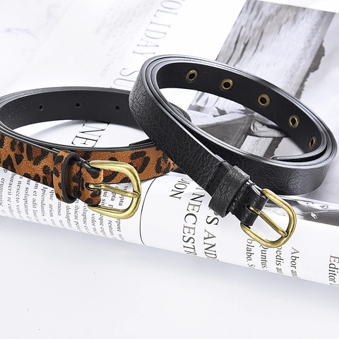 Cinturón Delgado de Cuero Sintético para Mujer Estampado de Leopardo Negro con Hebilla de Pasador de Aleación para Vestidos