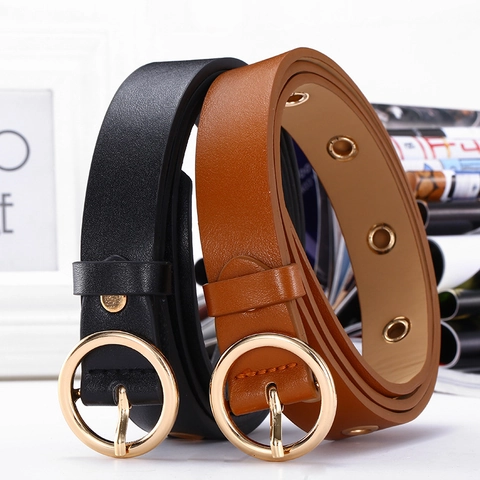 Women's Fashion Faux Leather Belt Gold Round Alloy Pin Buckle Hollow Metal Eyelets Versatile Waist Strap For Jeans Dresses