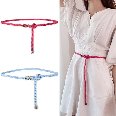 Vintage Geflochten Wachsschnur Schmal Gürtel Für Damen Legierung Dornschließe Dekorativ Kleid Taillengürtel Retro Mode